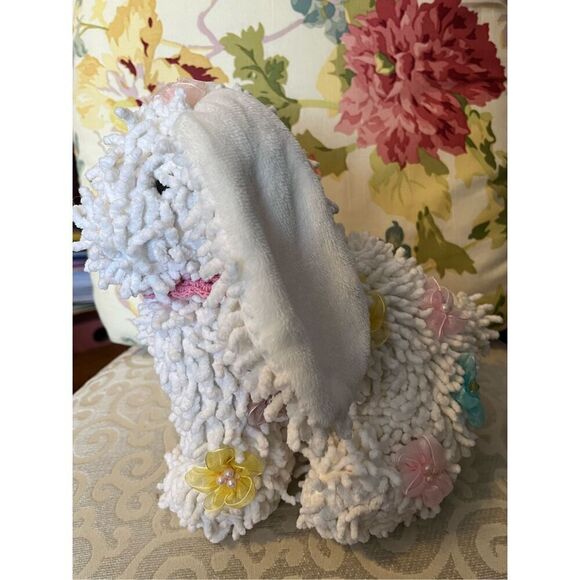 Vintage Handmade Spaghetti Hair White Plush Bunny Pink Collar Flowers Crystal - Picture 2 of 5